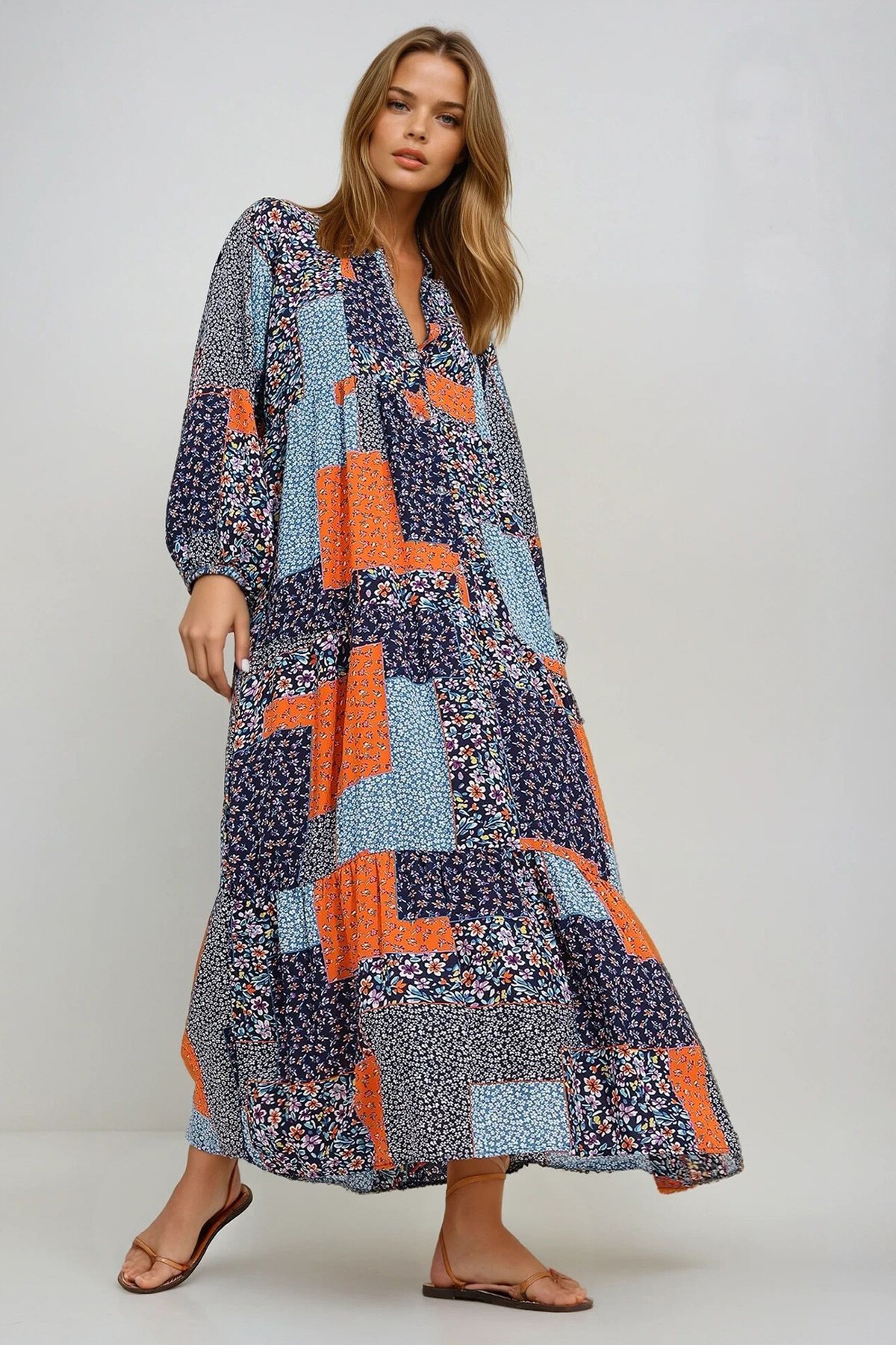 Mavi Turuncu Hakim Yaka Şal Desenli Maxi Boy Elbise
