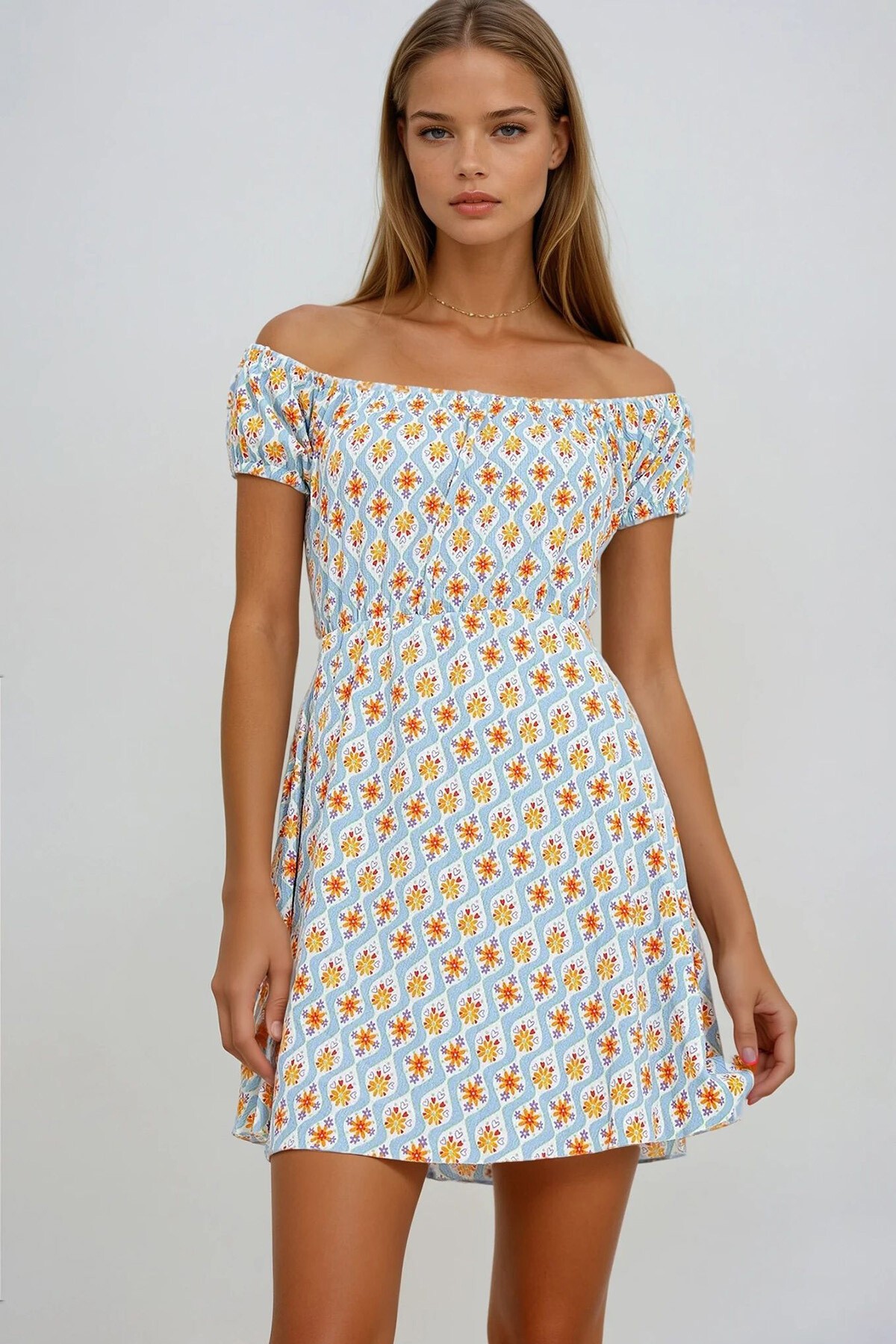 Mavi Turuncu Madonna Yaka Karpuz Kollu Desenli Krinkıl Örme Elbise