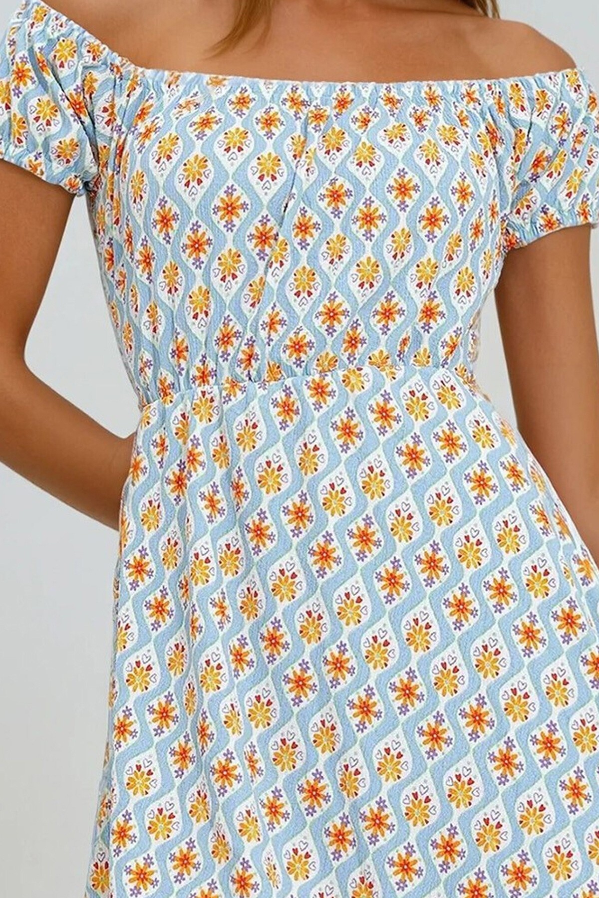 Mavi Turuncu Madonna Yaka Karpuz Kollu Desenli Krinkıl Örme Elbise