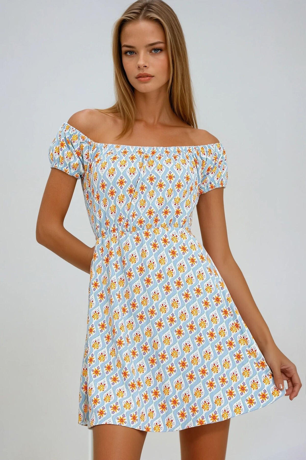 Mavi Turuncu Madonna Yaka Karpuz Kollu Desenli Krinkıl Örme Elbise