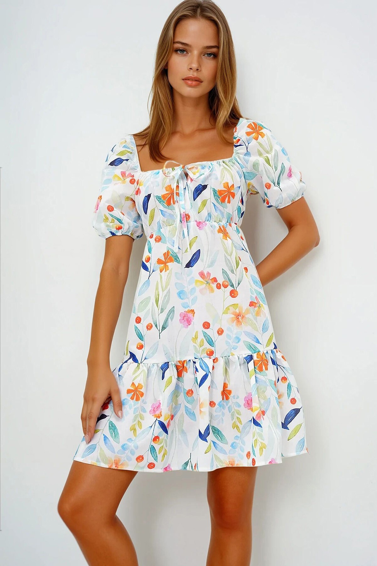 Mavi Yeşil Madonna Yaka Balon Kol Çiçek Desenli Elbise