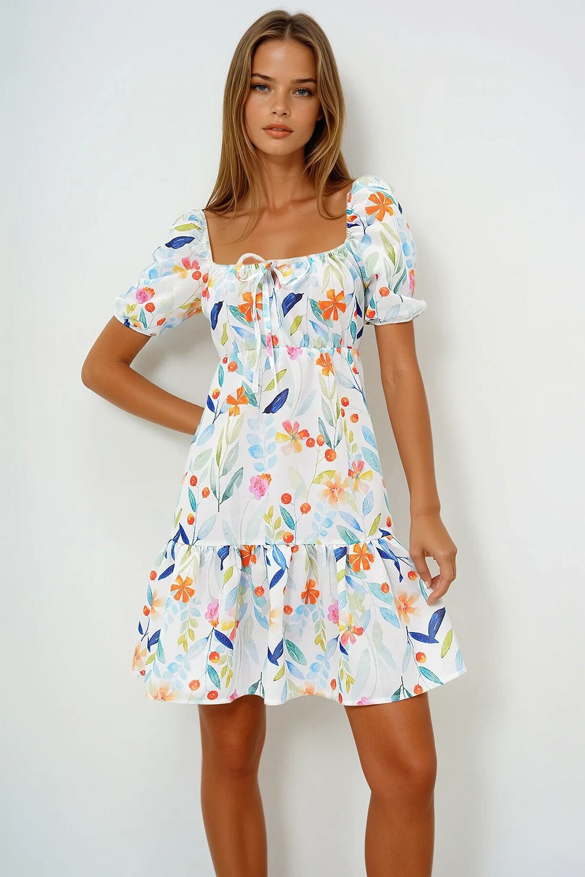 Mavi Yeşil Madonna Yaka Balon Kol Çiçek Desenli Elbise