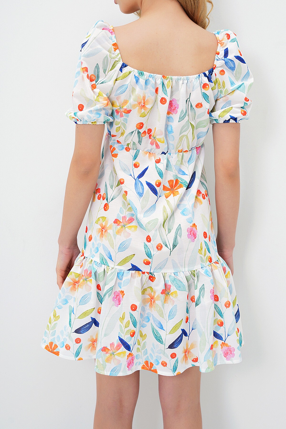 Mavi Yeşil Madonna Yaka Balon Kol Çiçek Desenli Elbise