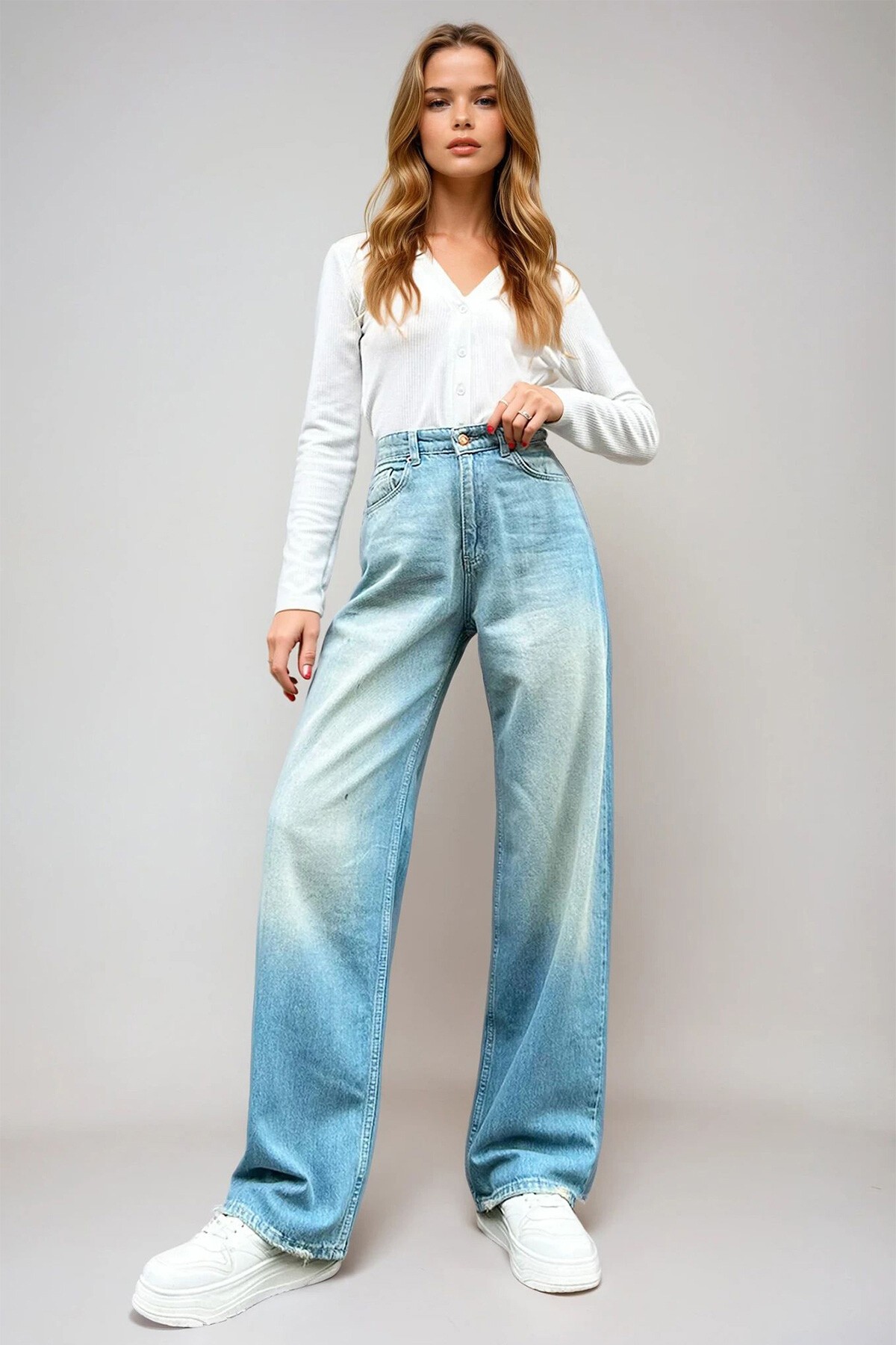 Mavi Yüksek Bel Wide Leg Jean