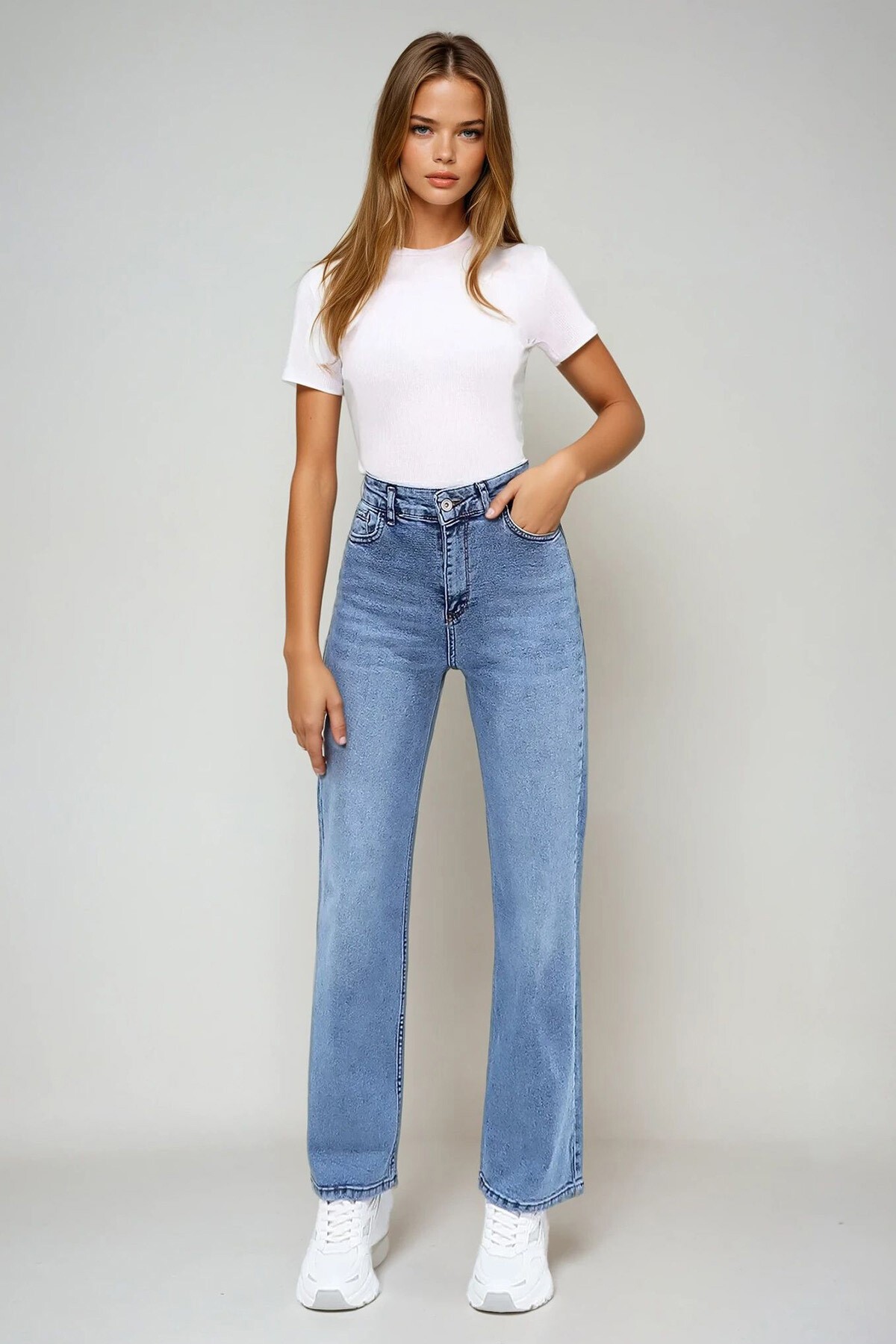 Mavi Yüksek Bel Yıkamalı Wide Leg Jean Pantolon