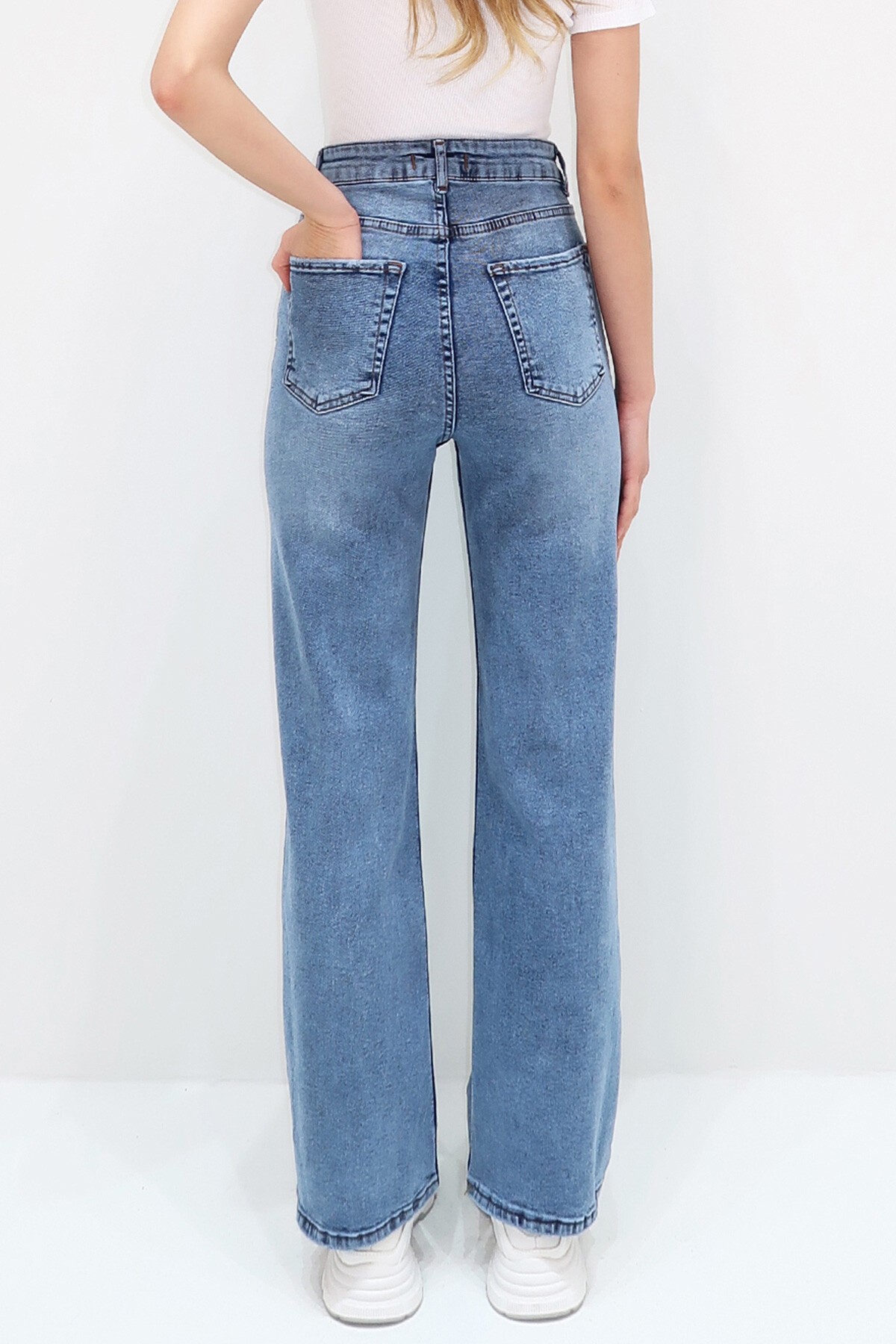 Mavi Yüksek Bel Yıkamalı Wide Leg Jean Pantolon