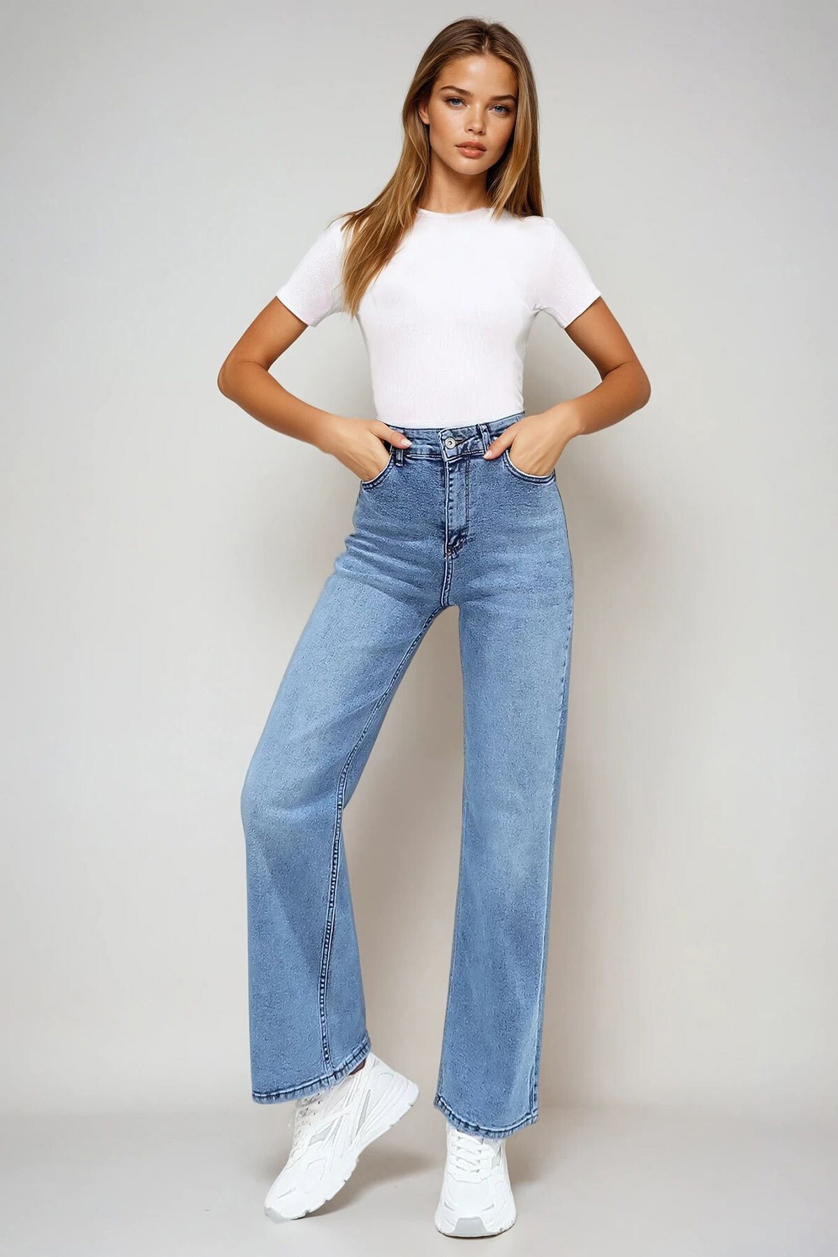 Mavi Yüksek Bel Yıkamalı Wide Leg Jean Pantolon