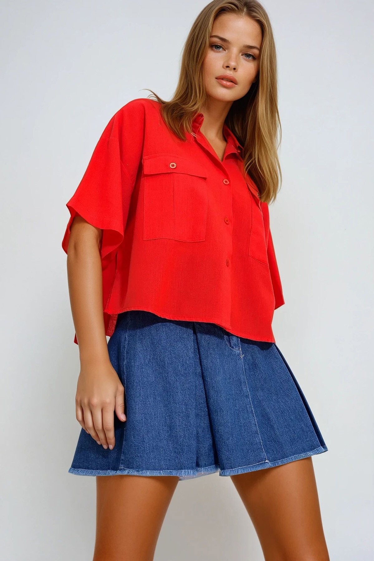 Mercan Çift Cepli Yarım Kol Keten Gömlek