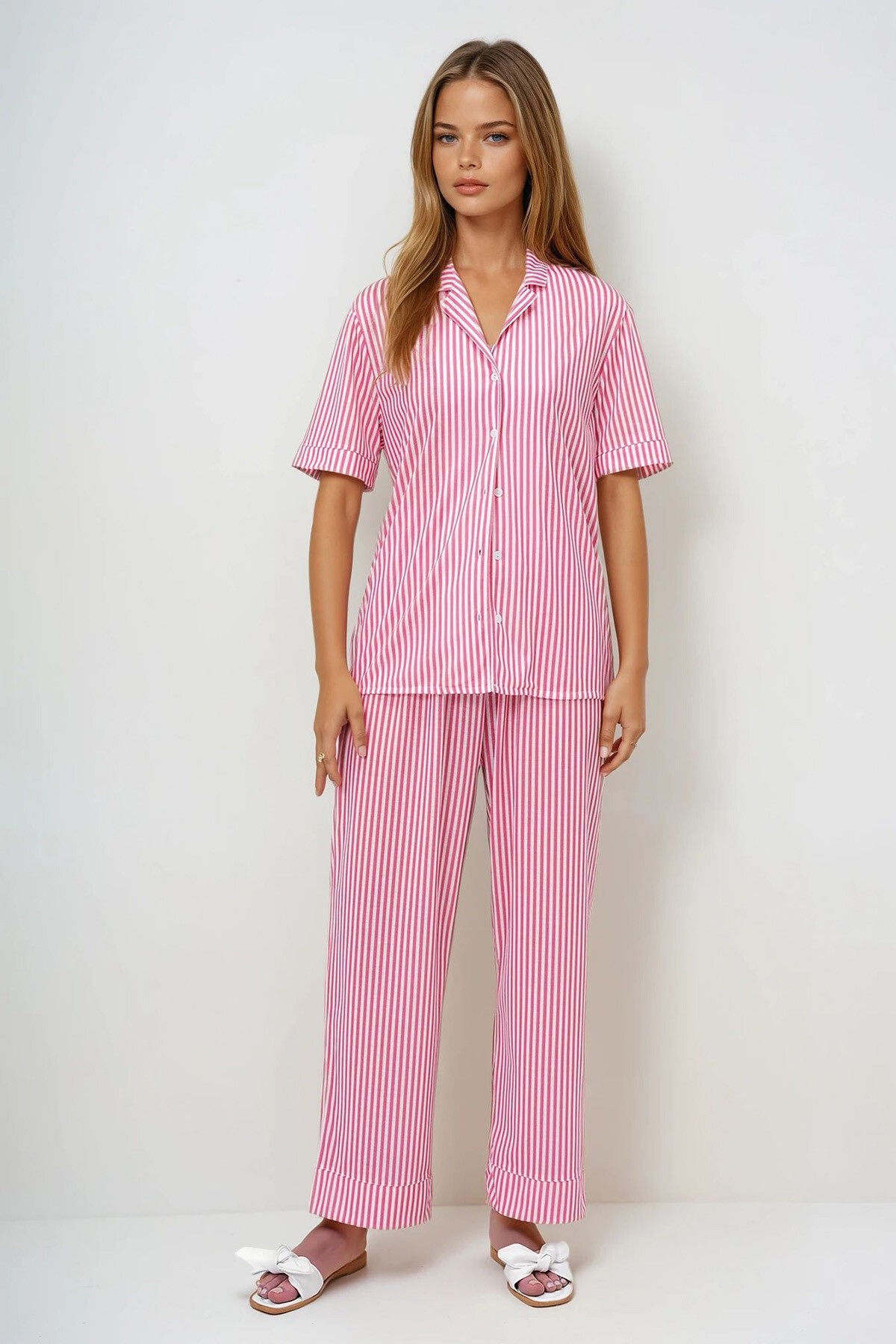 Mercan Duble Kol Ve Paça Detaylı Çizgili Gömlek Ve Pantolonlu Pijama Takımı