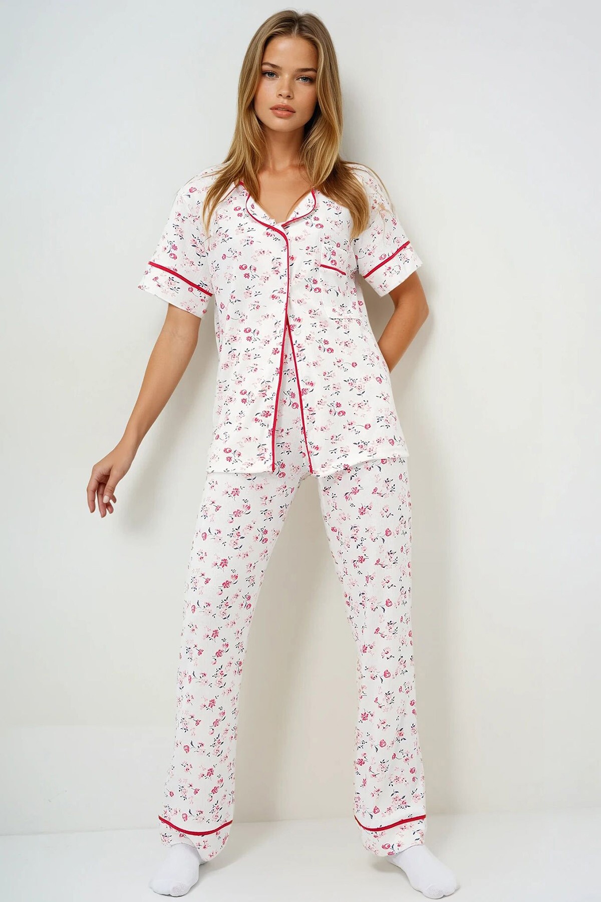 Mikro Çiçek Nar Tek Cepli Biye Detaylı Pamuklu Gömlek Ve Pantolonlu Pijama Takımı