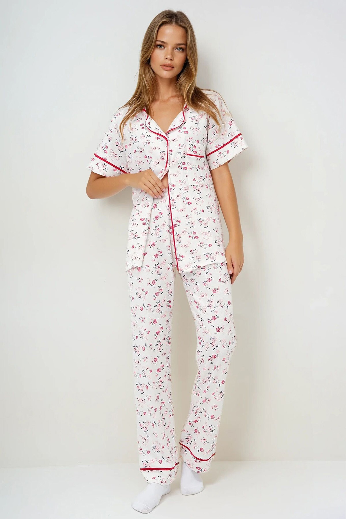 Mikro Çiçek Nar Tek Cepli Biye Detaylı Pamuklu Gömlek Ve Pantolonlu Pijama Takımı