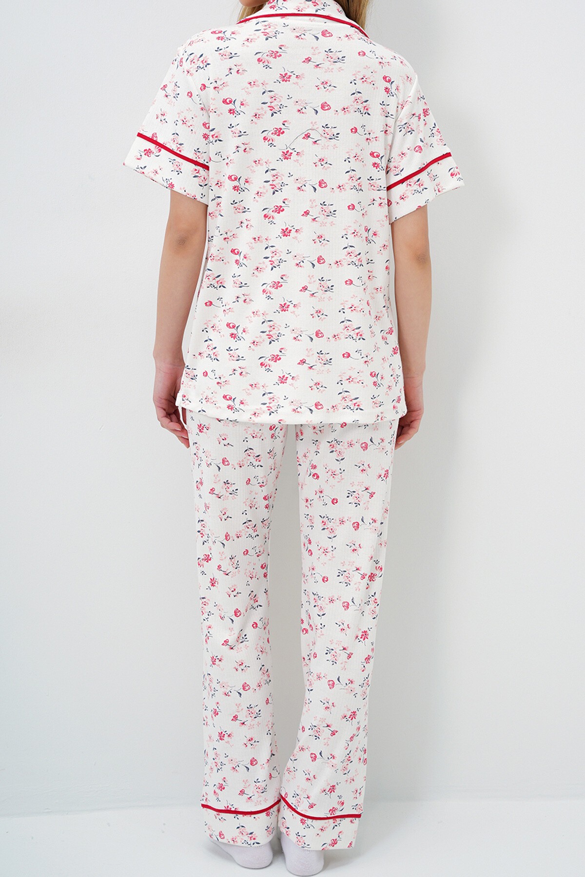 Mikro Çiçek Nar Tek Cepli Biye Detaylı Pamuklu Gömlek Ve Pantolonlu Pijama Takımı