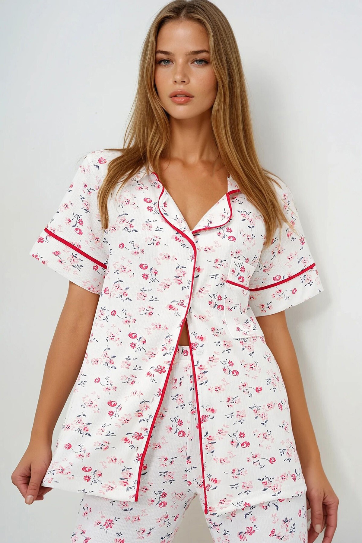 Mikro Çiçek Nar Tek Cepli Biye Detaylı Pamuklu Gömlek Ve Pantolonlu Pijama Takımı