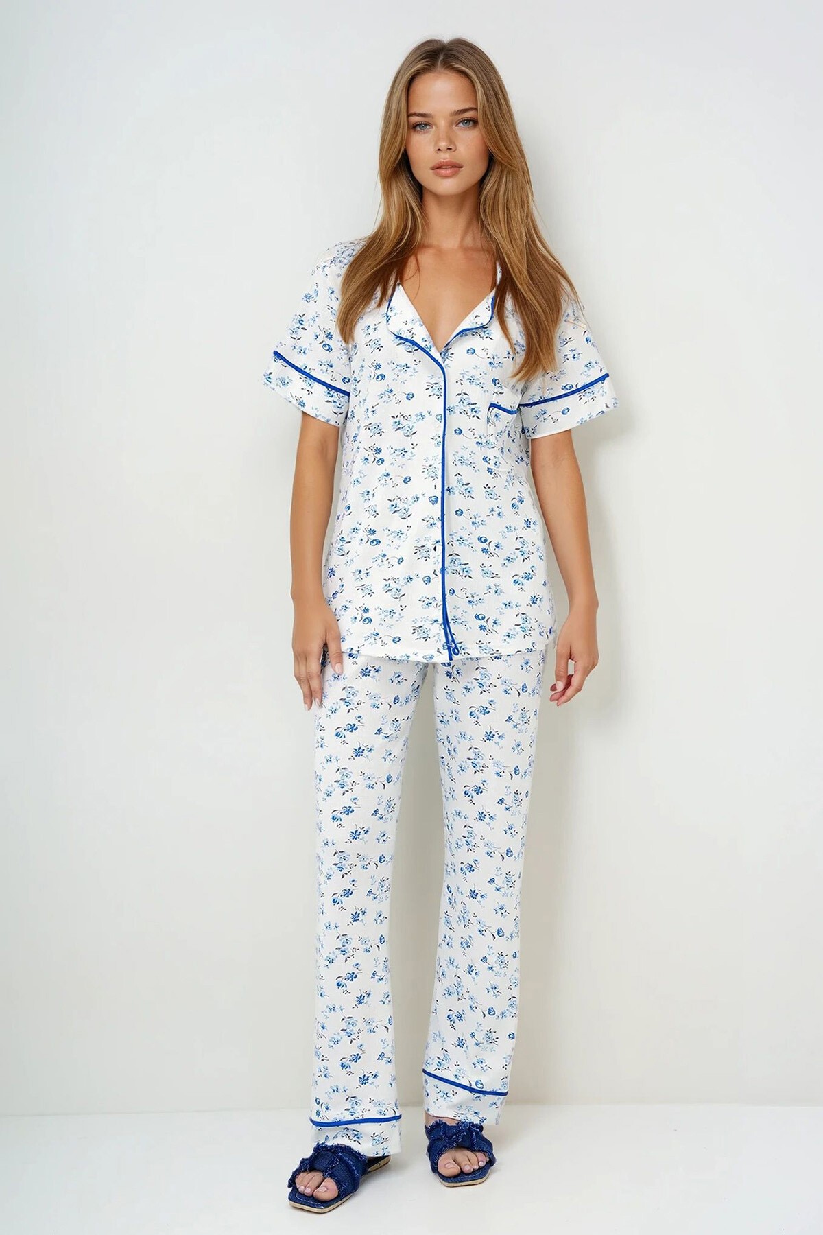 Mikro Çiçek Saks Tek Cepli Biye Detaylı Pamuklu Gömlek Ve Pantolonlu Pijama Takımı