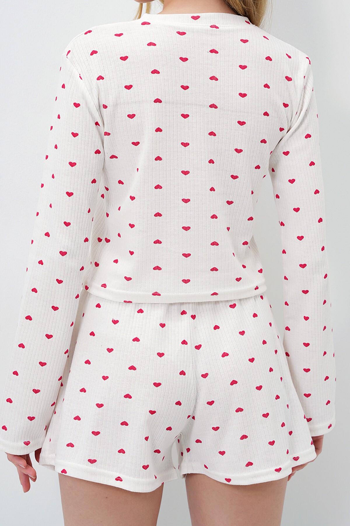 Mini Kalp Kırmızı Bisiklet Yaka Uzun Kol Desenli Üst Ve Şortlu Pijama Takımı