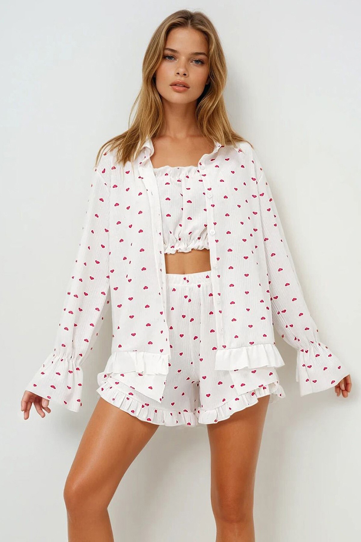 Mini Kalp Kırmızı Pamuklu Fırfır Detaylı Büstiyer Şort Ve Kimonolu 3Lü Pijama Takımı