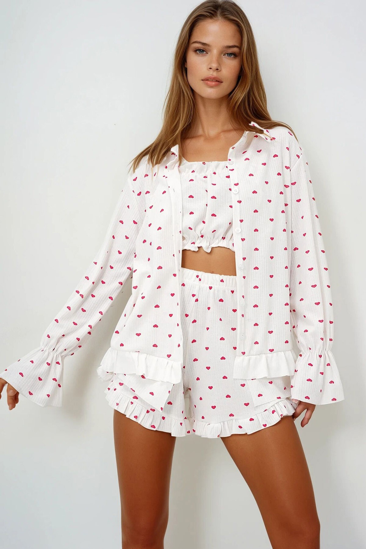 Mini Kalp Kırmızı Pamuklu Fırfır Detaylı Büstiyer Şort Ve Kimonolu 3Lü Pijama Takımı