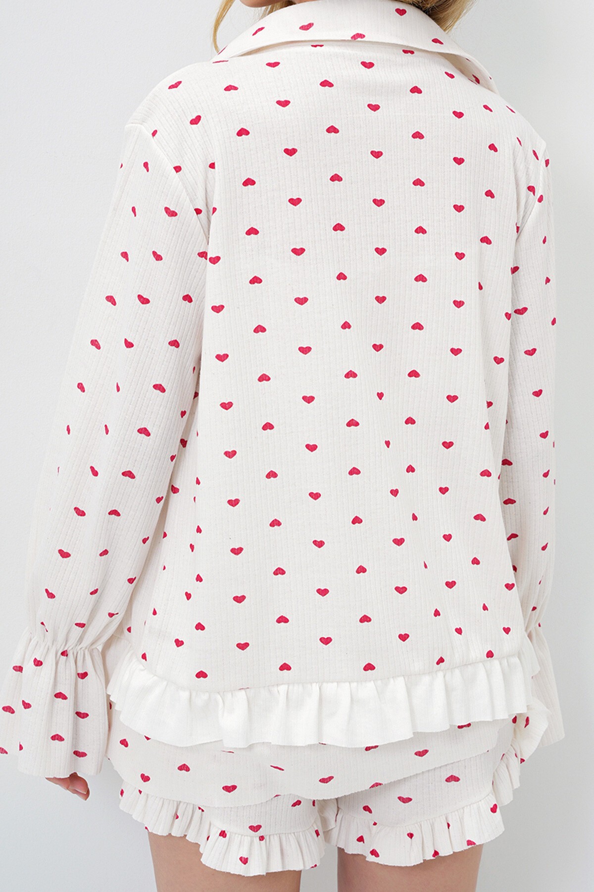 Mini Kalp Kırmızı Pamuklu Fırfır Detaylı Büstiyer Şort Ve Kimonolu 3Lü Pijama Takımı
