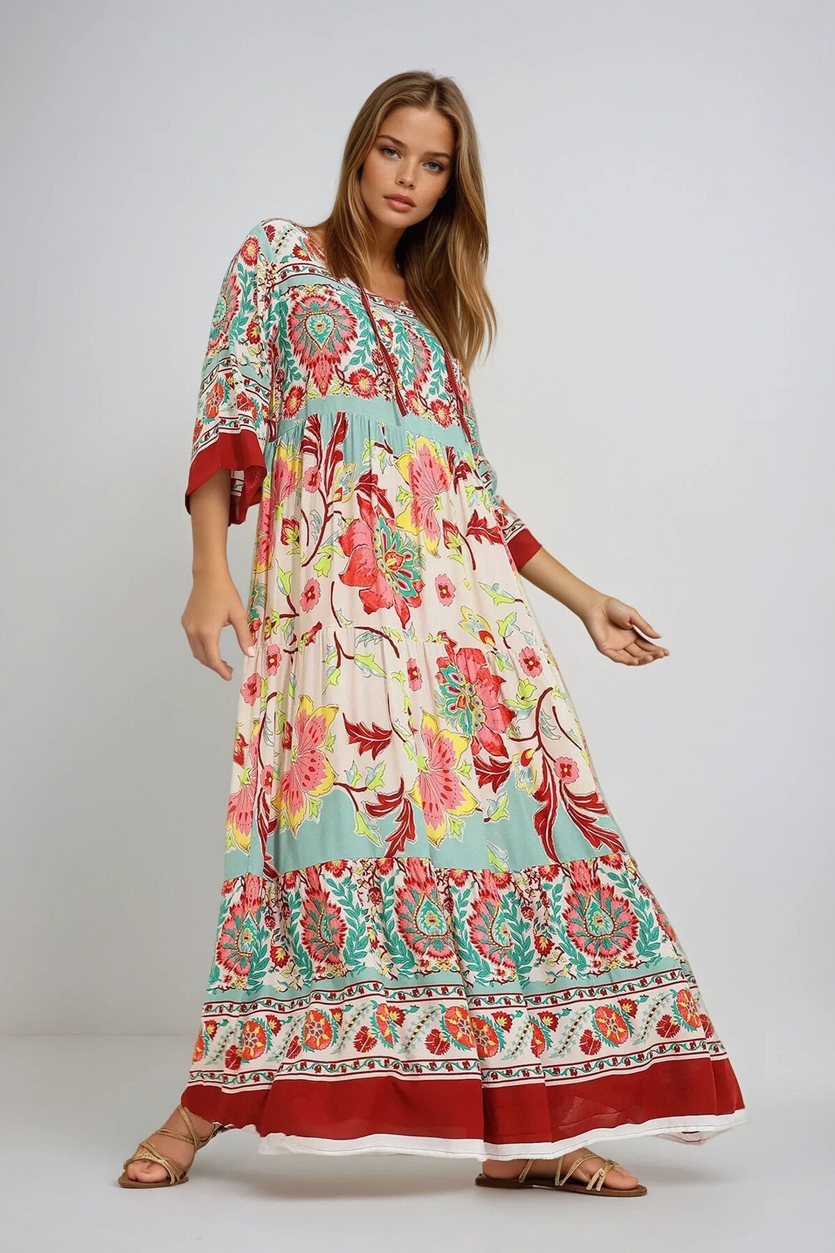 Mint Önden Bağcıklı Desenli Dokuma Viskon Elbise