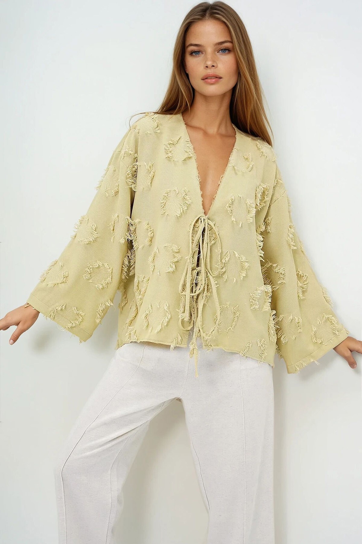 Mint V Yaka Önü Bağlamalı Püskül Detaylı Yazlık Keten Ceket