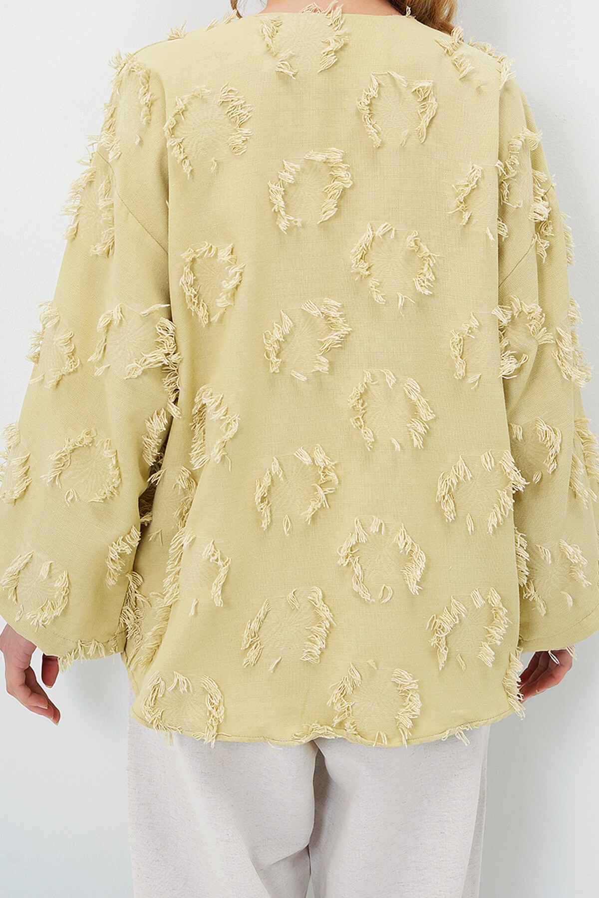 Mint V Yaka Önü Bağlamalı Püskül Detaylı Yazlık Keten Ceket