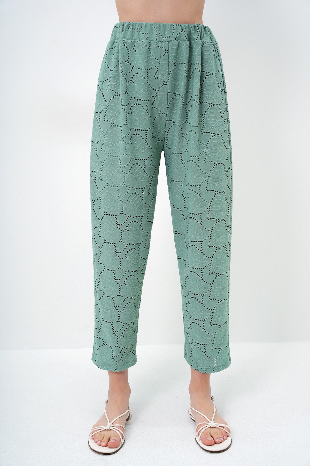 Mint Yeşili Kendinden Dokulu Ajurlu Uzun Pantolonlu Kimono Takım