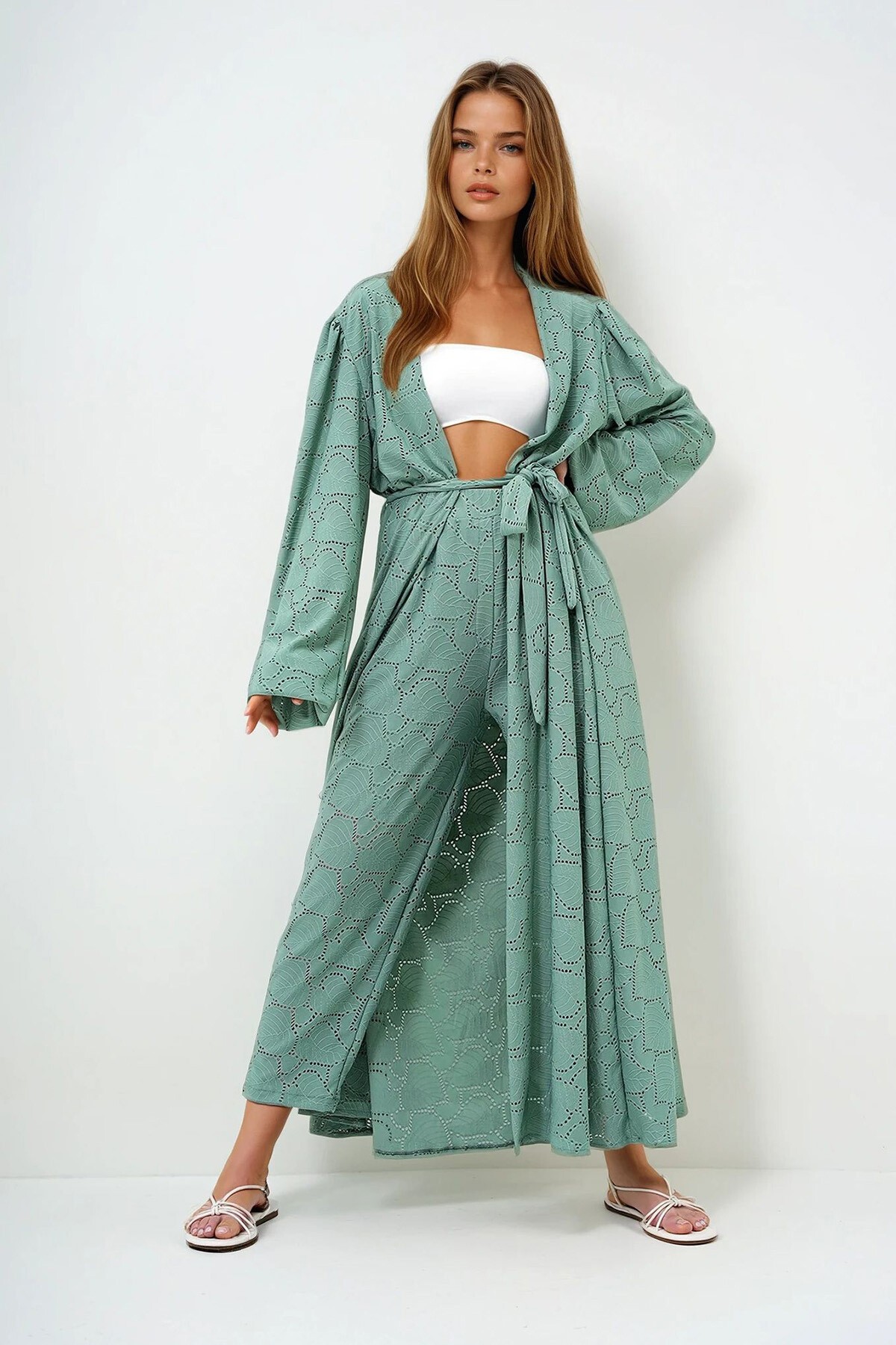 Mint Yeşili Kendinden Dokulu Ajurlu Uzun Pantolonlu Kimono Takım