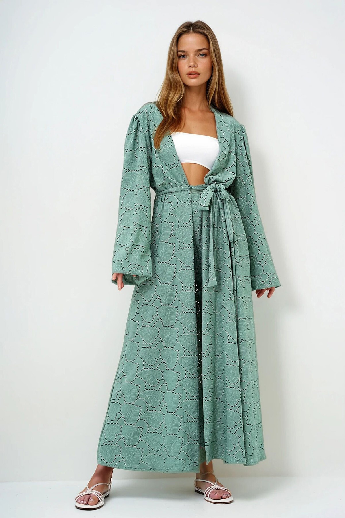 Mint Yeşili Kendinden Dokulu Ajurlu Uzun Pantolonlu Kimono Takım