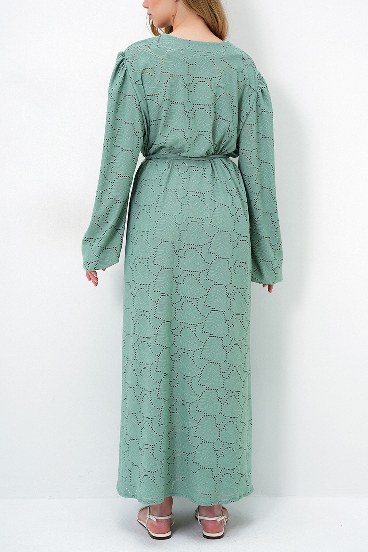 Mint Yeşili Kendinden Dokulu Ajurlu Uzun Pantolonlu Kimono Takım