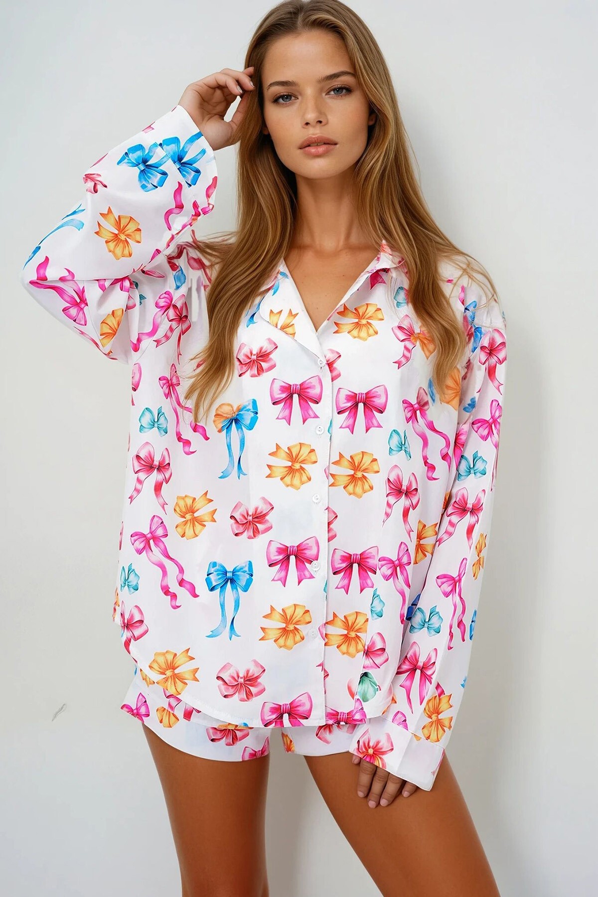 Mix Duble Manşet Ve Paça Detaylı Dokuma Gömlek Ve Şortlu Pijama Takımı