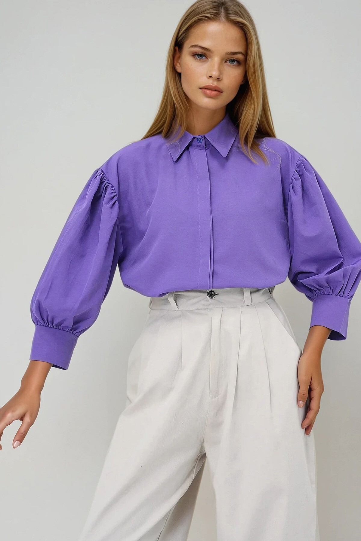 Mor Balon Kol Gizli Patlı Basic Poplin Gömlek