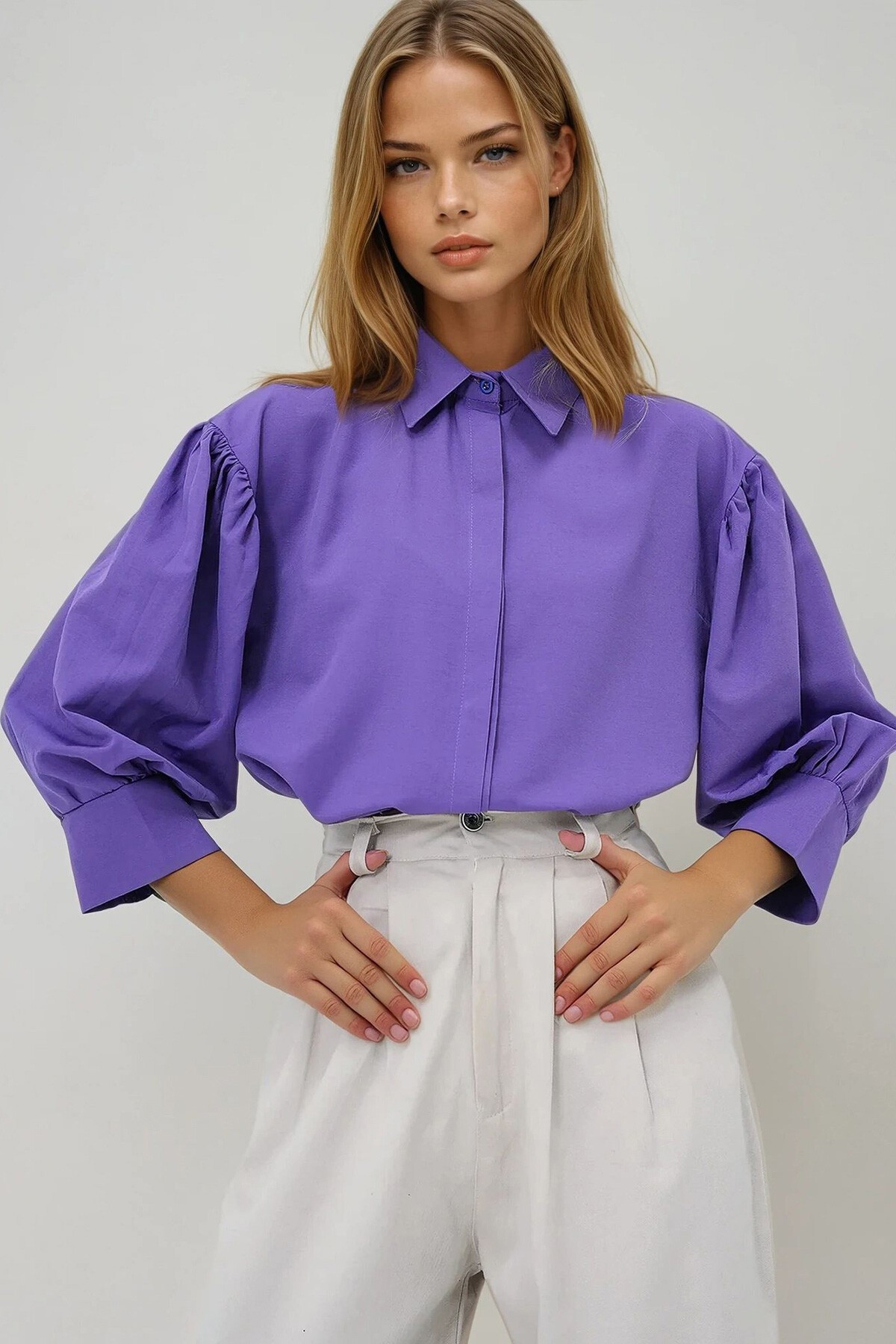 Mor Balon Kol Gizli Patlı Basic Poplin Gömlek