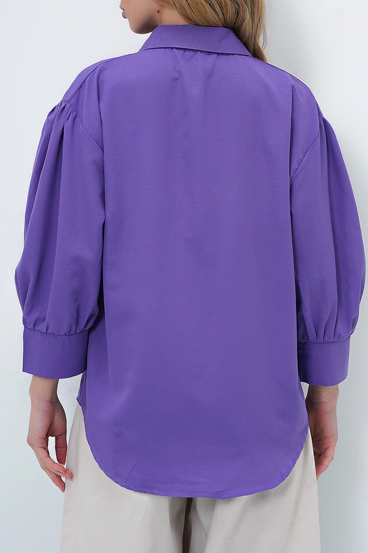 Mor Balon Kol Gizli Patlı Basic Poplin Gömlek
