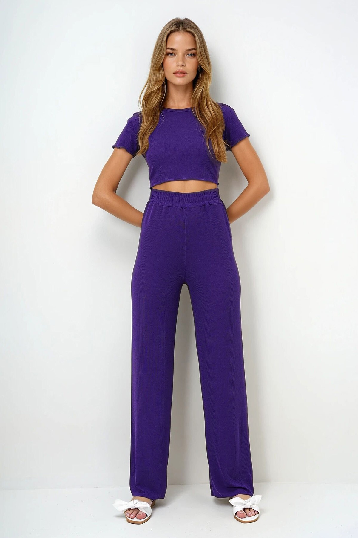 Mor Bisiklet Yaka Crop Bluz, Şort Ve Pantolonlu 3 Lü Set Pijama Takımı