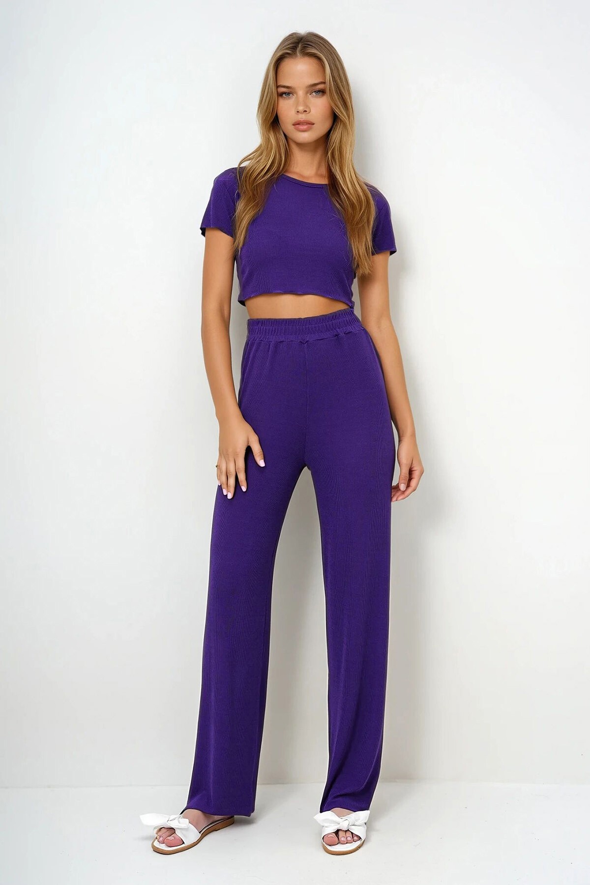 Mor Bisiklet Yaka Crop Bluz, Şort Ve Pantolonlu 3 Lü Set Pijama Takımı