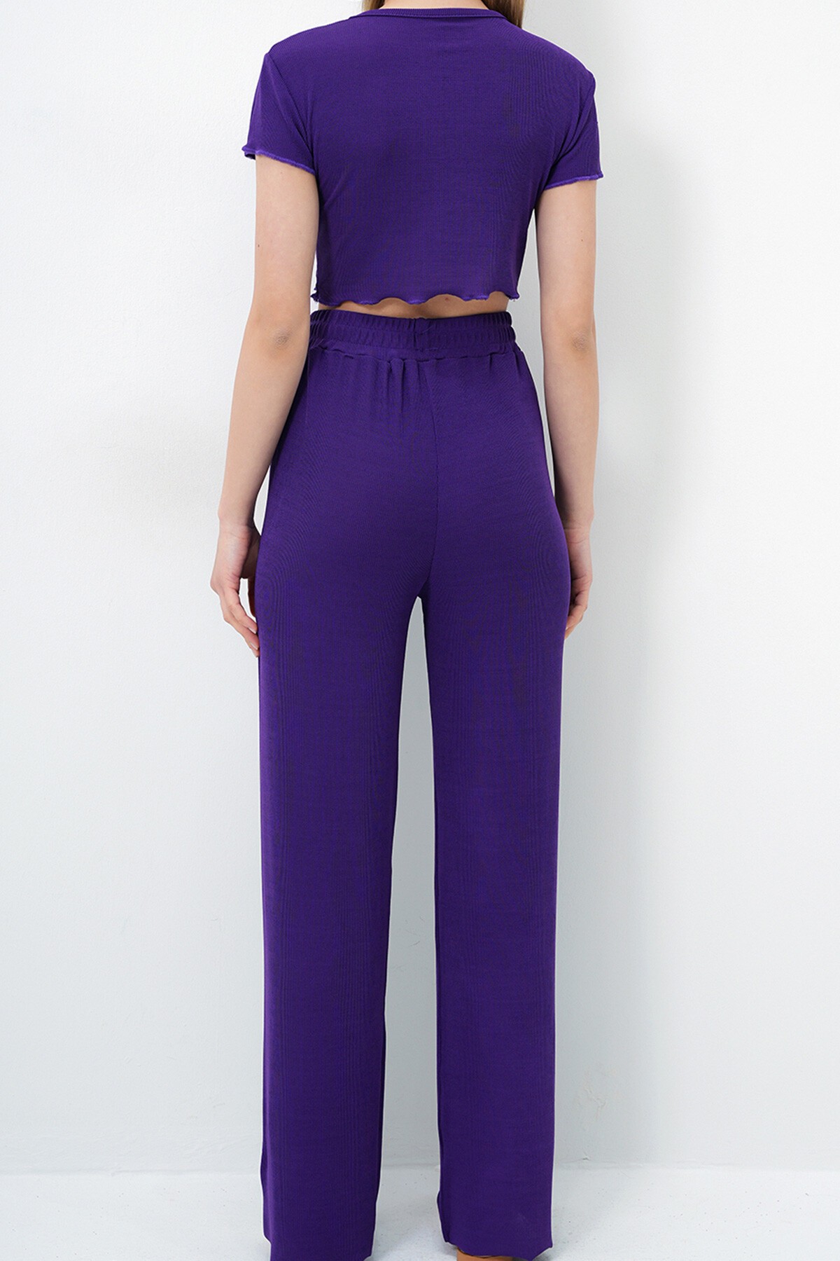 Mor Bisiklet Yaka Crop Bluz, Şort Ve Pantolonlu 3 Lü Set Pijama Takımı