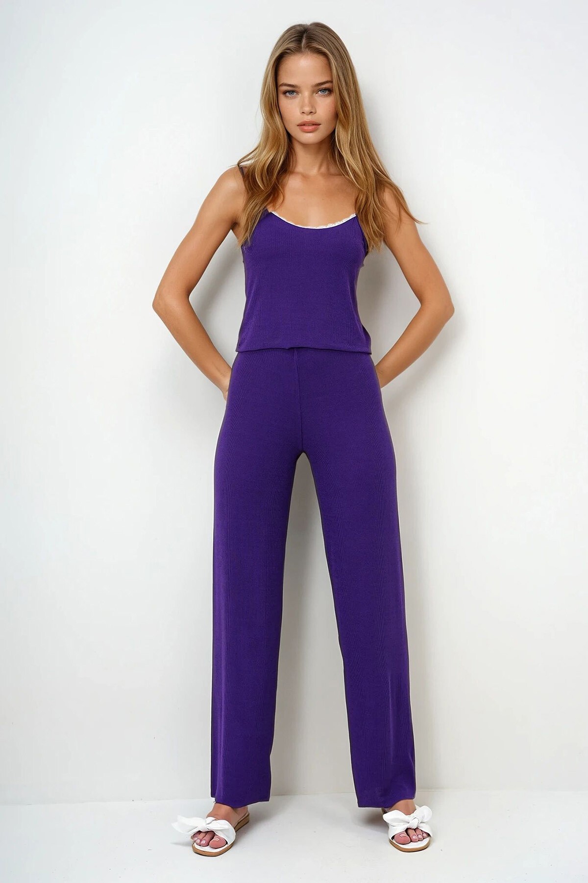 Mor İp Askılı Dantel Detaylı Bluz, Şort Ve Pantolonlu 3 Lü Set Pijama Takımı