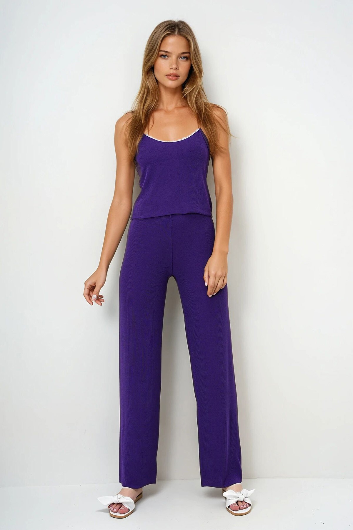 Mor İp Askılı Dantel Detaylı Bluz, Şort Ve Pantolonlu 3 Lü Set Pijama Takımı