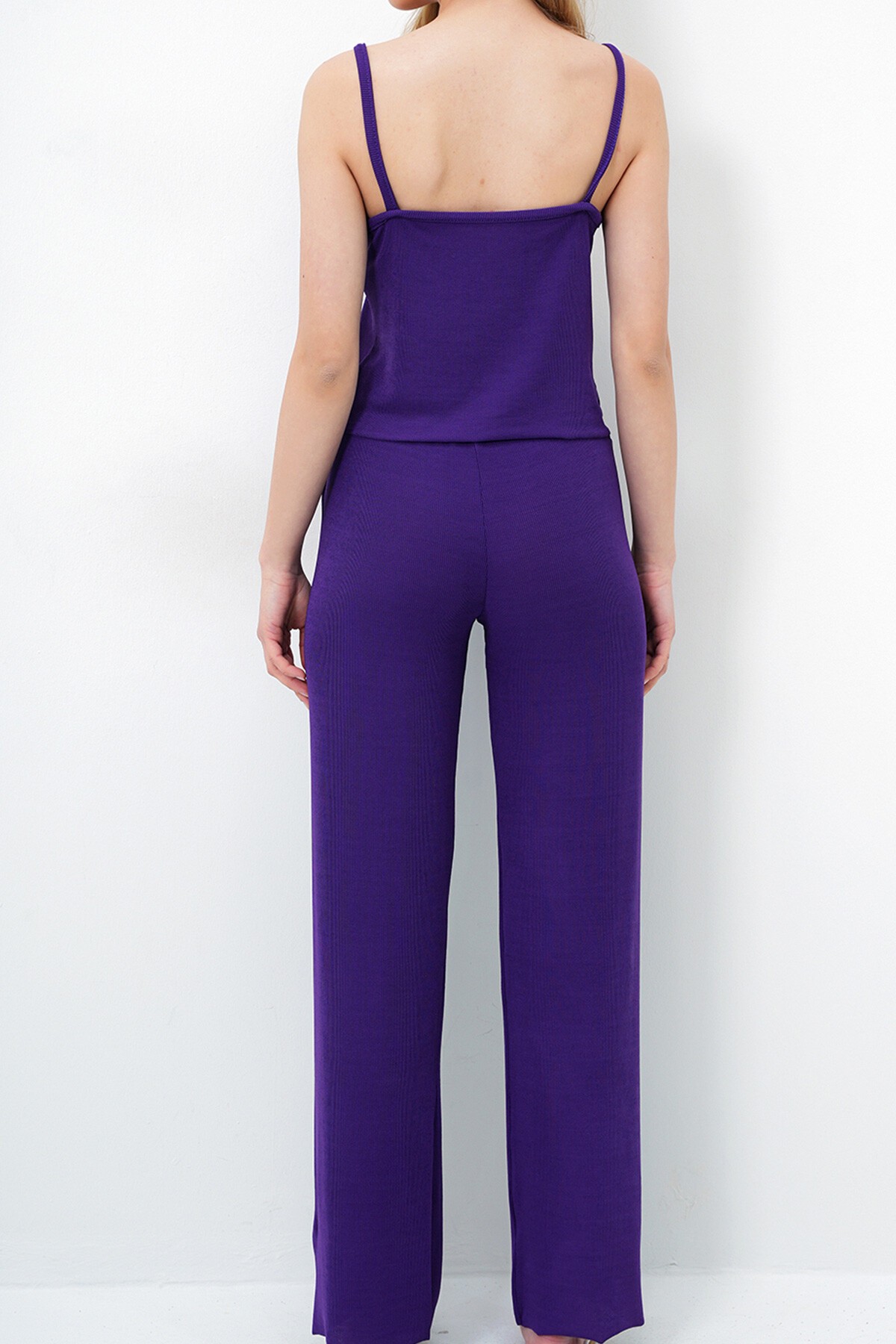 Mor İp Askılı Dantel Detaylı Bluz, Şort Ve Pantolonlu 3 Lü Set Pijama Takımı