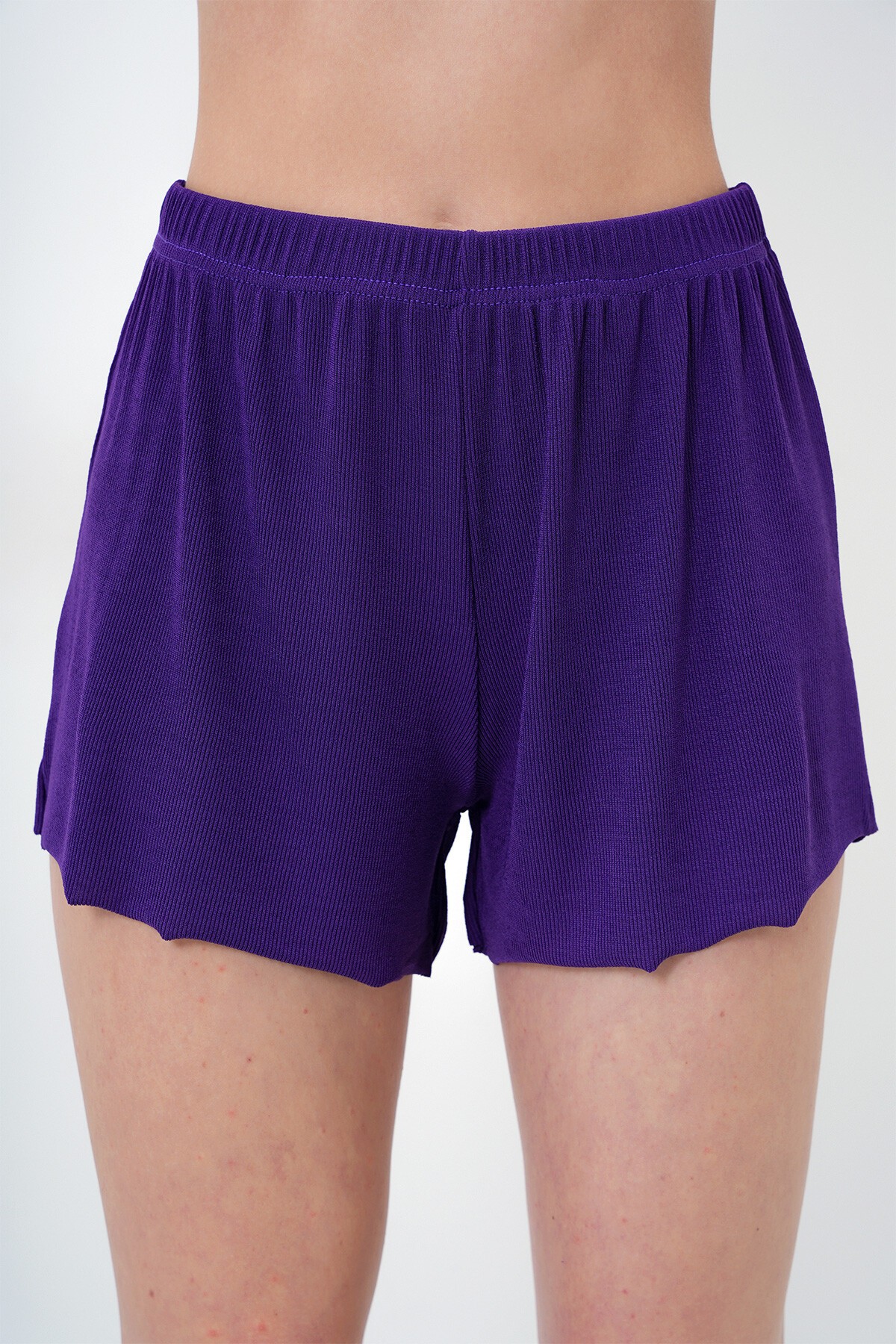 Mor İp Askılı Dantel Detaylı Bluz, Şort Ve Pantolonlu 3 Lü Set Pijama Takımı