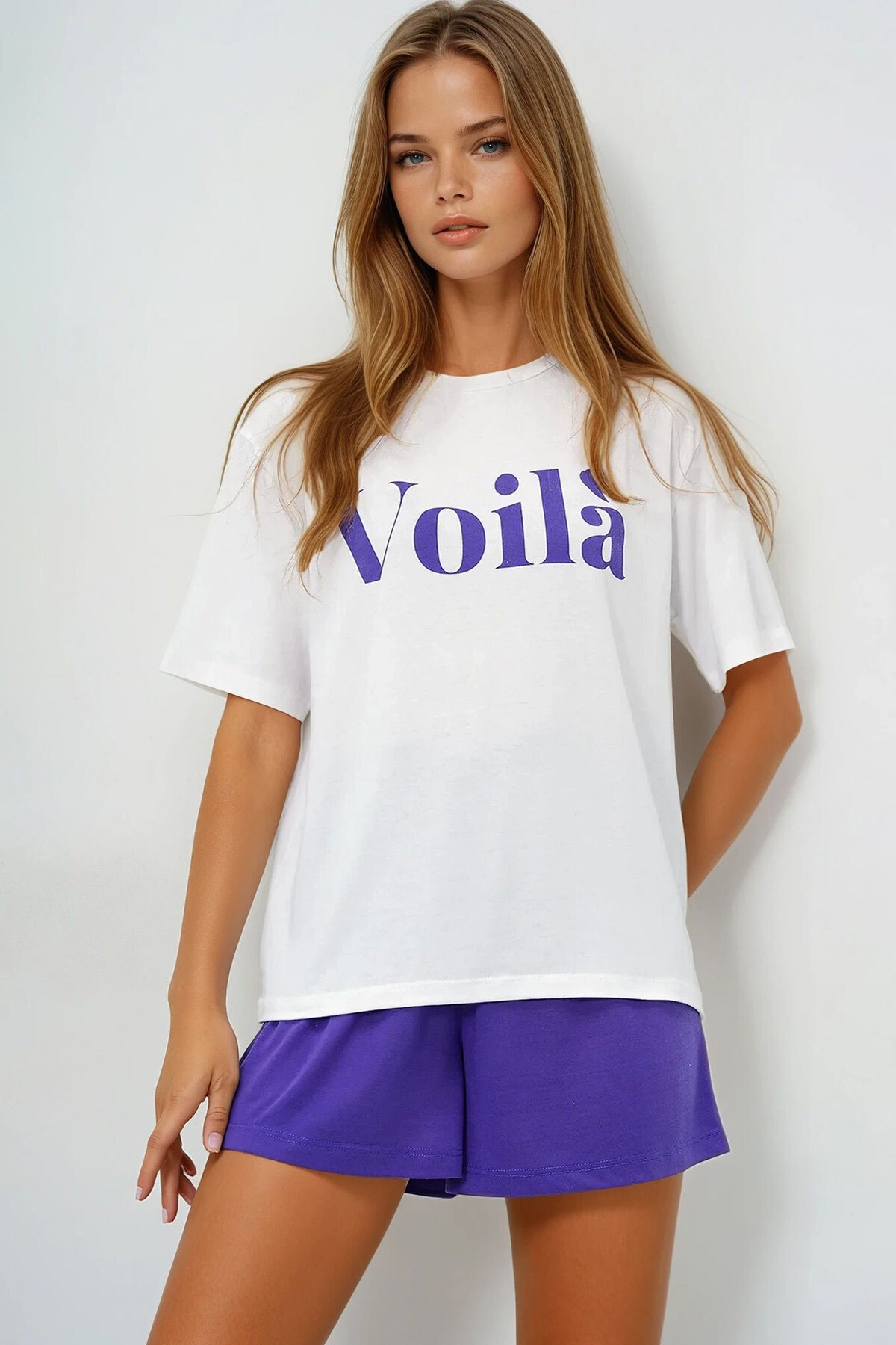 Mor Önü Yazı Baskılı Pamuklu Basic T Shırt Ve Şortlu Penye Alt Üst Takım