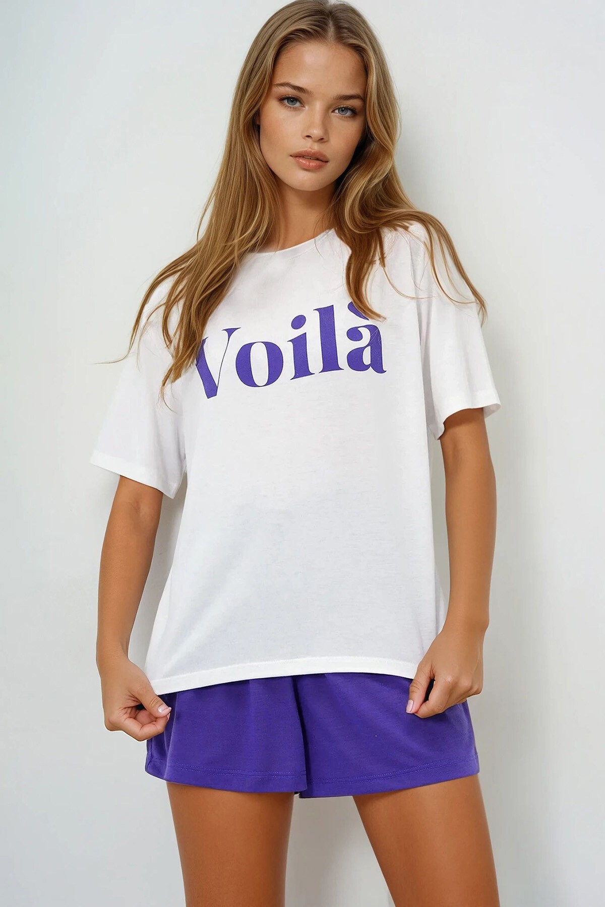 Mor Önü Yazı Baskılı Pamuklu Basic T Shırt Ve Şortlu Penye Alt Üst Takım