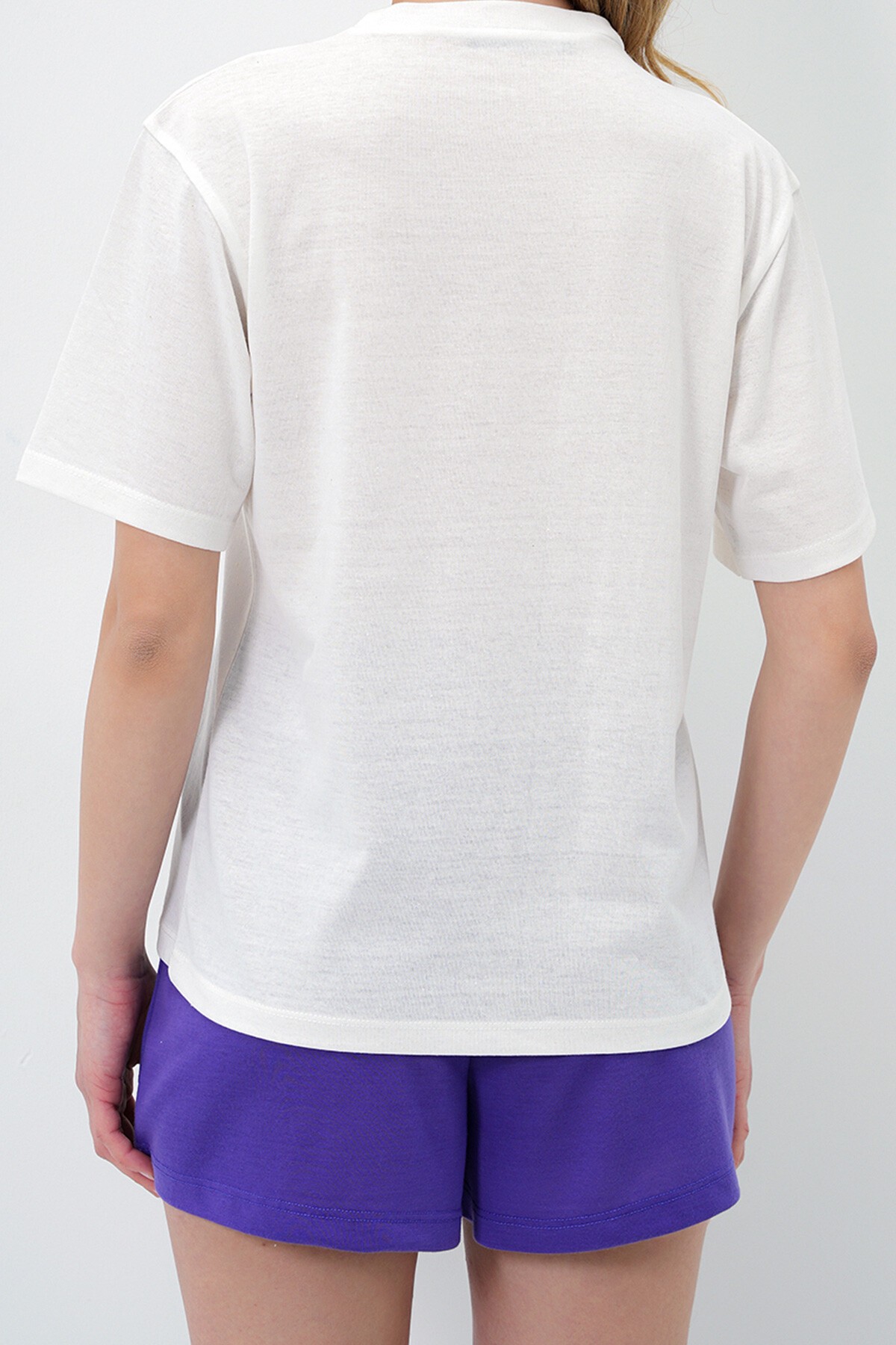 Mor Önü Yazı Baskılı Pamuklu Basic T Shırt Ve Şortlu Penye Alt Üst Takım