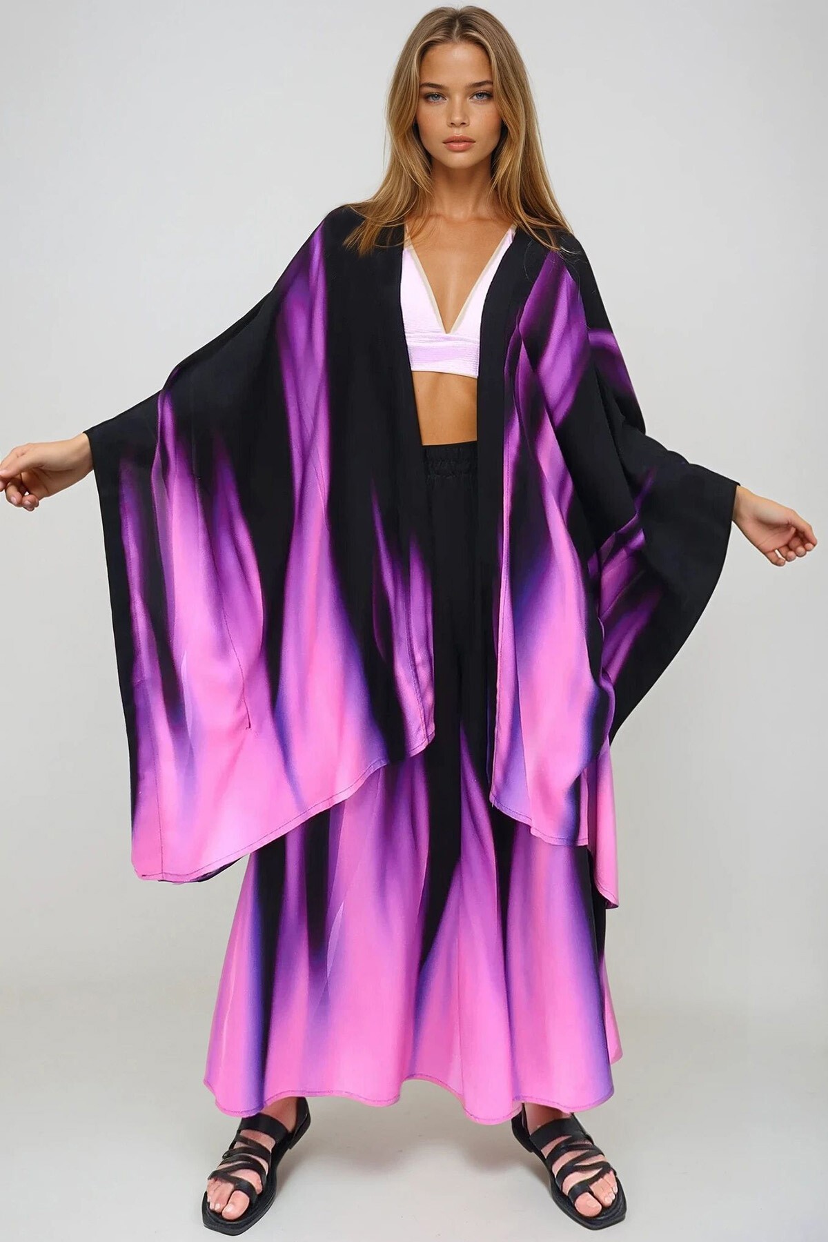 Mor Oversize Dokuma Uzun Kimono Ve Çift Cep Etekli Pantolon Takım