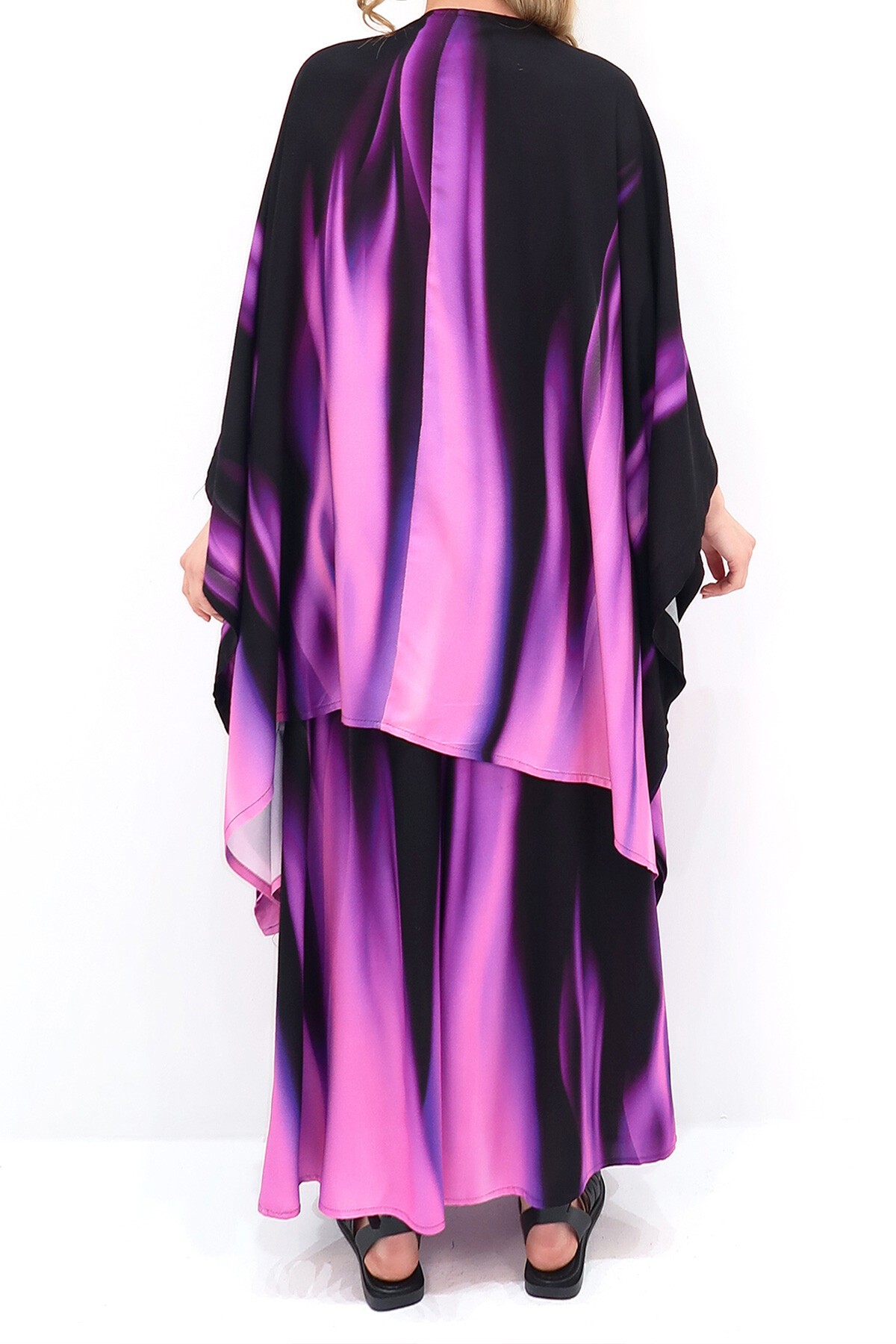 Mor Oversize Dokuma Uzun Kimono Ve Çift Cep Etekli Pantolon Takım