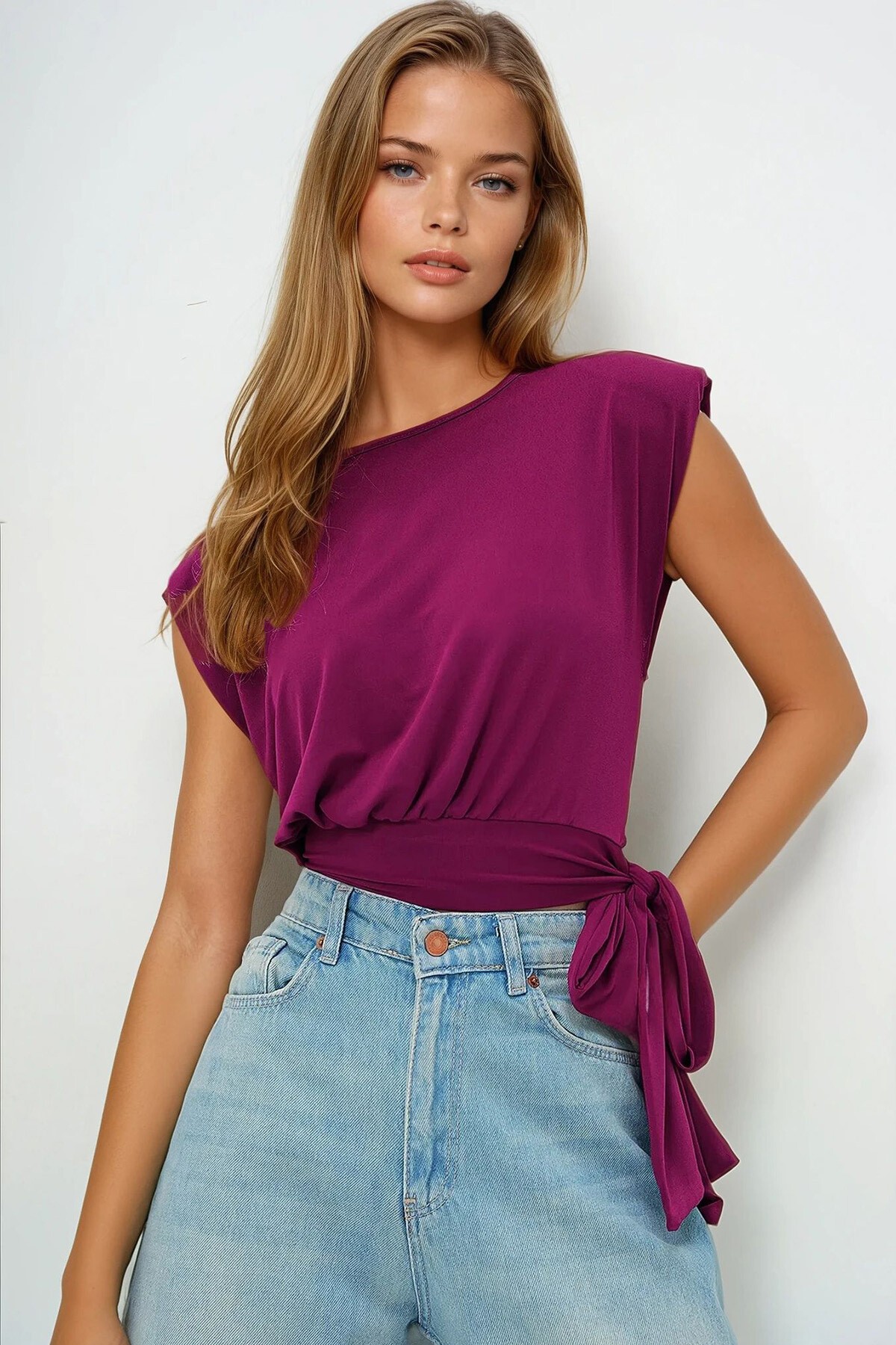 Mürdüm Bisiklet Yaka Vatkalı Beli Bağlama Detaylı Sandy Bluz