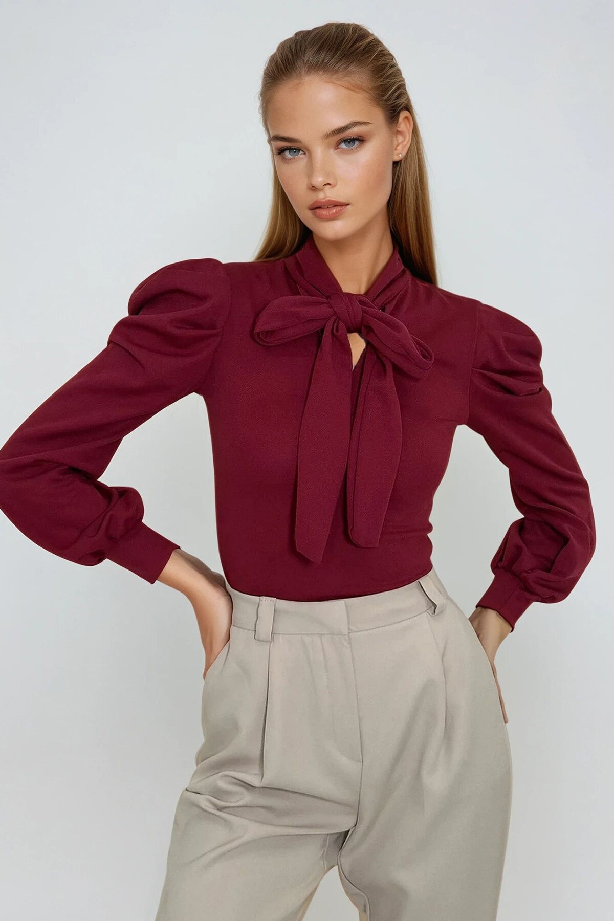 Mürdüm Boyunden Bağlamalı Prenses Kol Dokuma Bluz