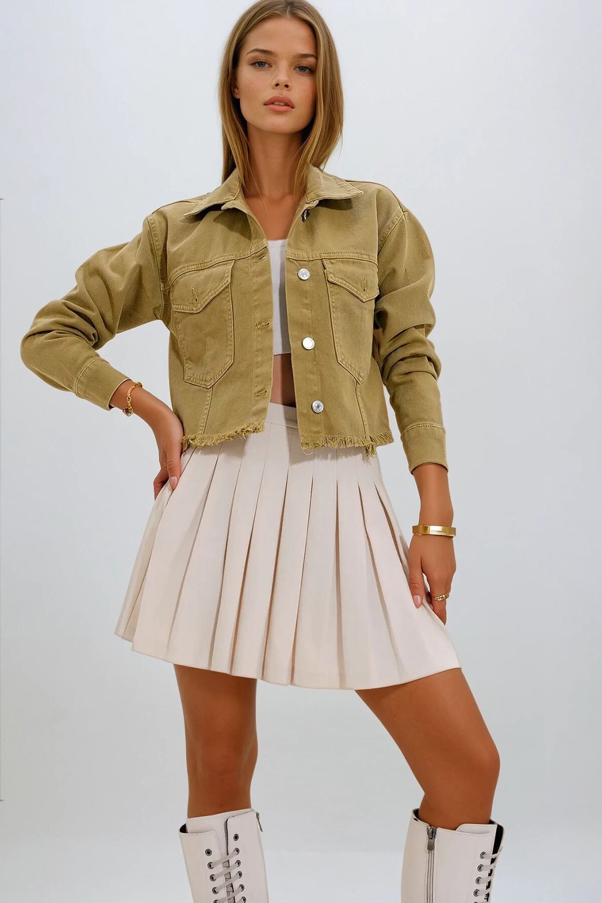 Olive Çift Cepli Püskül Detaylı Crop Jean Ceket