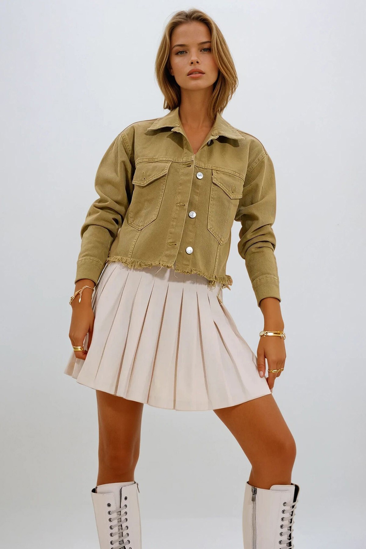 Olive Çift Cepli Püskül Detaylı Crop Jean Ceket