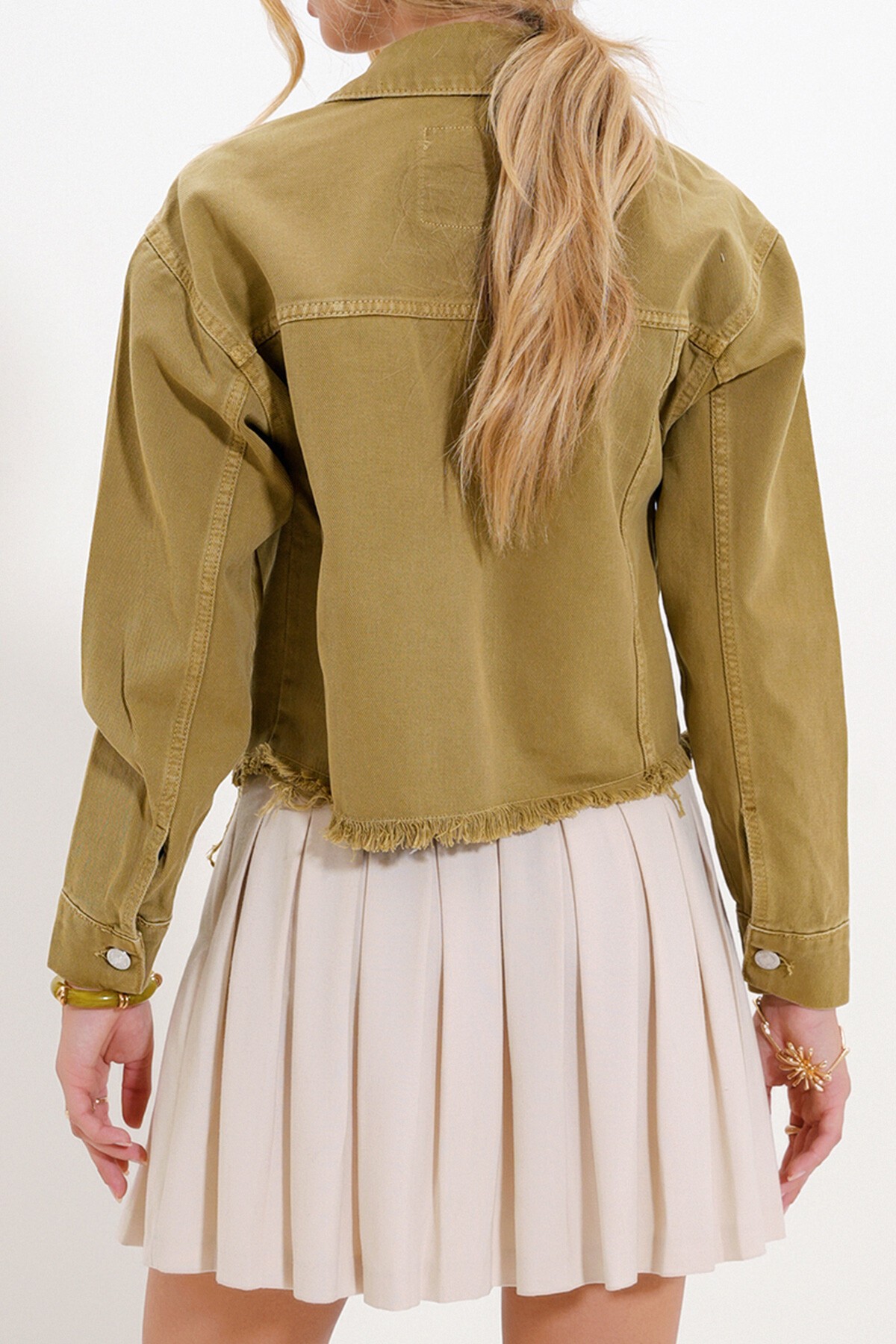 Olive Çift Cepli Püskül Detaylı Crop Jean Ceket